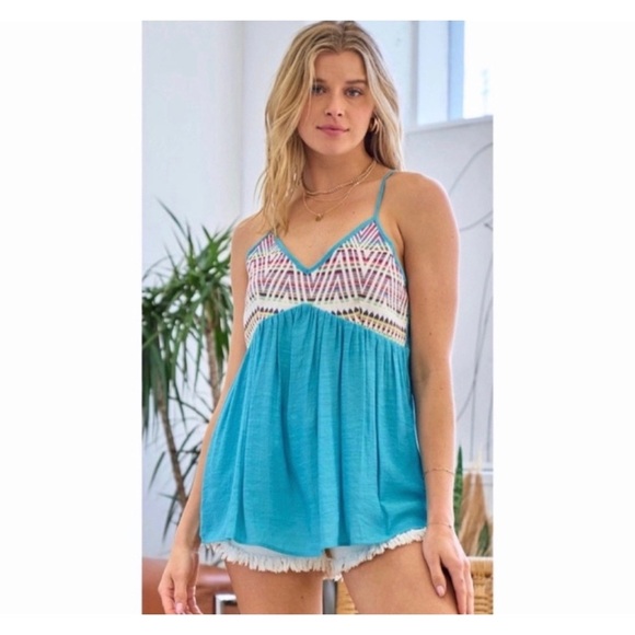 V Neck Aqua Jacquard Bodice Soft Adjustable Strap Side Shirred Top - Picture 1 of 8